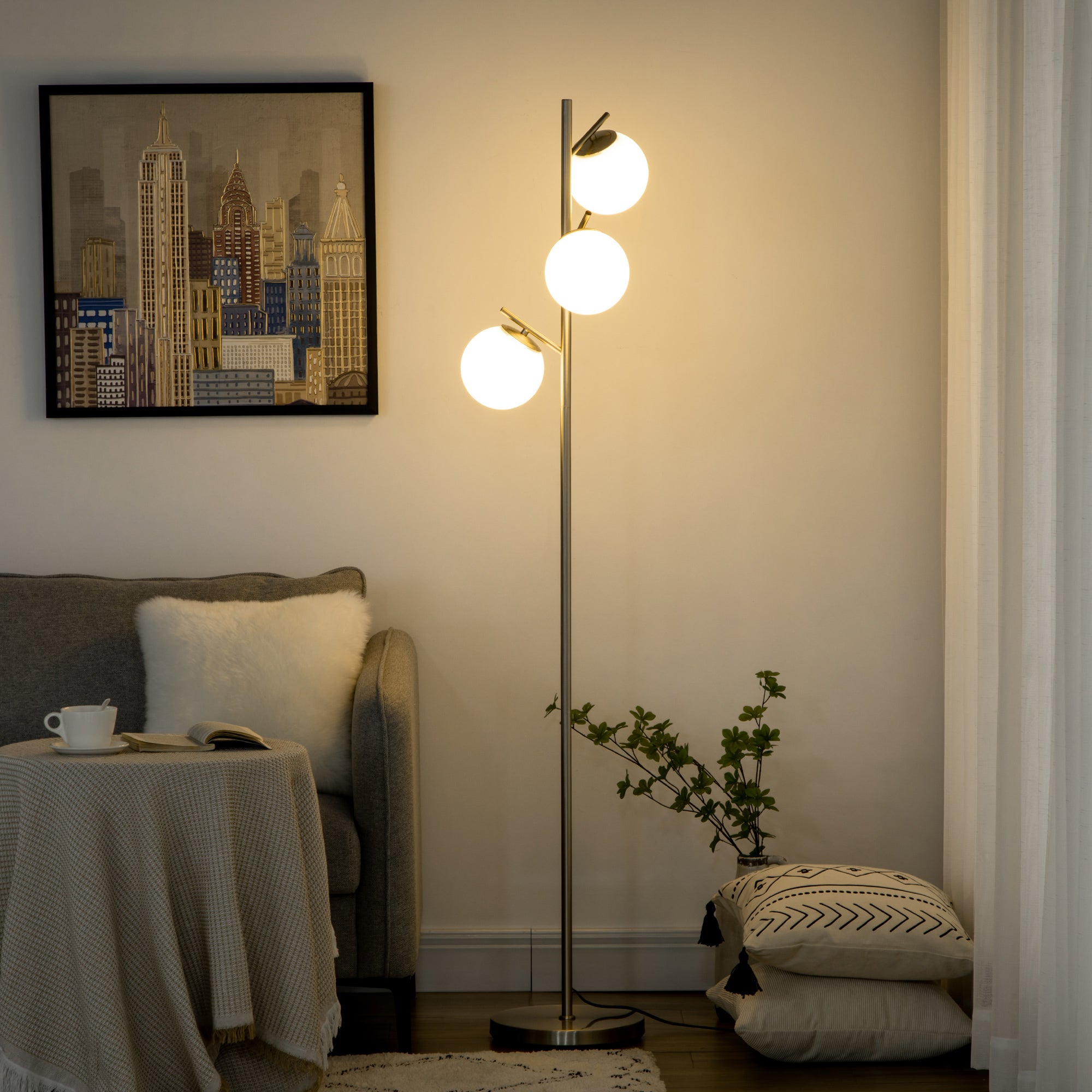 3-Light Tree Floor Lamps for Living Room, Modern Standing Lamp for Bedroom with Globe Lampshade, Steel Base, Bulb not Included, Silver Tone