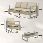 Outsunny Rattan Garden Set, 4 Piece Rattan Garden Furniture Set with 3-Seater Sofa, Armchairs, Table, Aluminium Frame Patio Furniture, Khaki