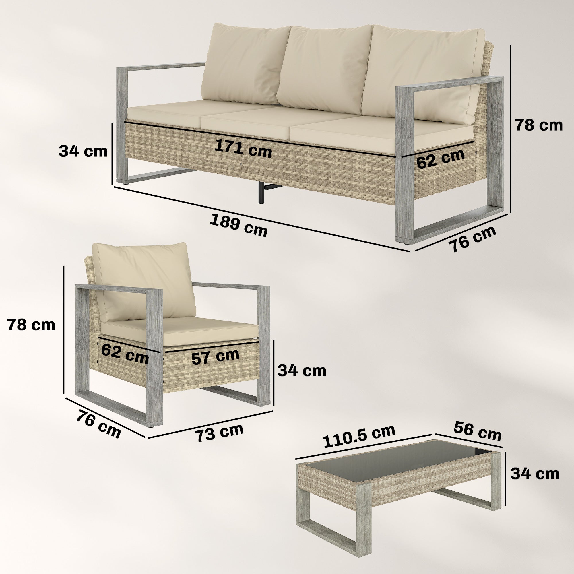 Outsunny Rattan Garden Set, 4 Piece Rattan Garden Furniture Set with 3-Seater Sofa, Armchairs, Table, Aluminium Frame Patio Furniture, Khaki