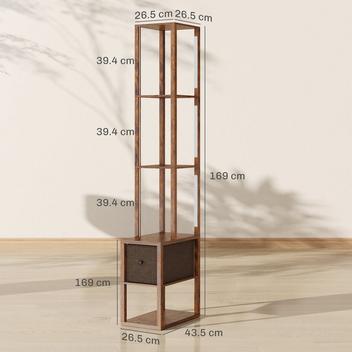 Floor Lamp with Shelves, LED Column Modern Standing Lamp with Fabric Drawer, Adjustable Brightness, Foot Switch for Living Room, Bedroom, Office, Rustic Brown