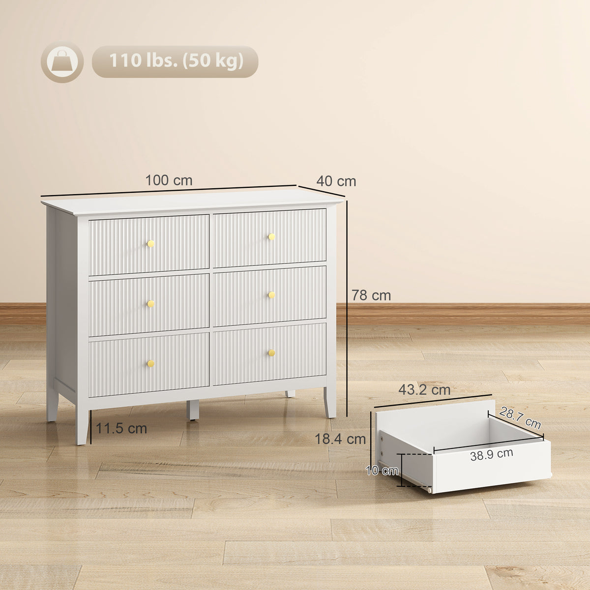 Fluted Dresser, 6 Drawer Chest of Drawers for Bedroom, Living Room, Hallway, Closet, White