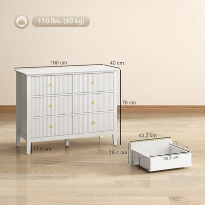 Fluted Dresser, 6 Drawer Chest of Drawers for Bedroom, Living Room, Hallway, Closet, White