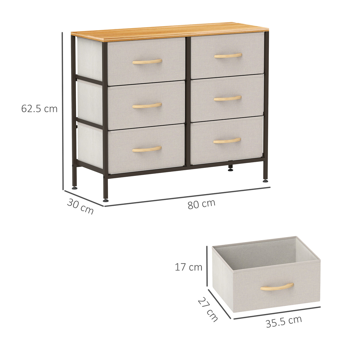 Fabric Chest of Drawers, Industrial Bedroom Dresser with 6 Fabric Drawers, Steel Frame and Wooden Top for Nursery, Living Room, Hallway, Cream White