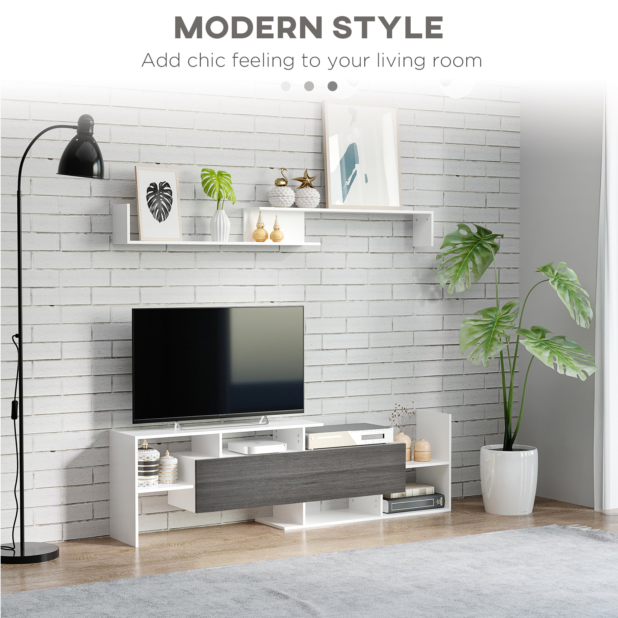 TV Cabinet with Wall Shelf for Wall-Mounted 65" TVs or Standing 40" TVs - White and Grey