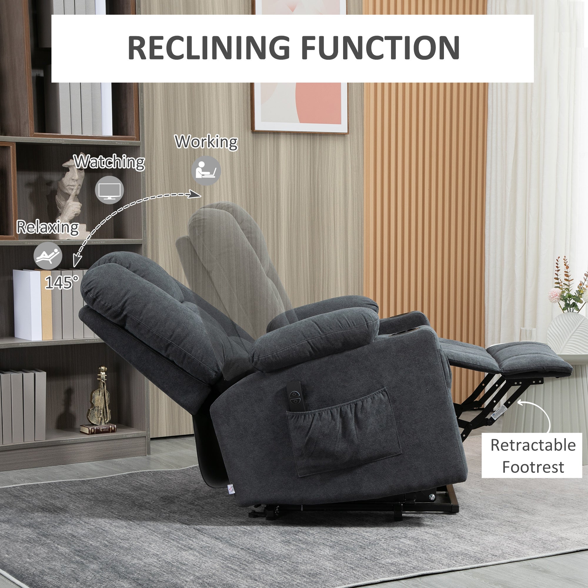 HOMCOM Electric Riser Recliner Armchair? Oversized Chair with Cup Holder & Side Pockets for Elderly in Living Room, Charcoal Grey