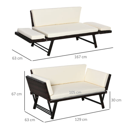 Outsunny 2-Seater 2-in-1 Rattan Convertible Sofa Daybed, Brown