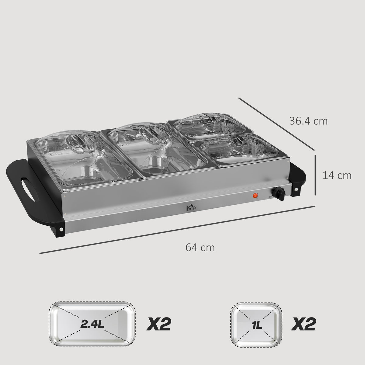 4 Tray Electric Food Warmer Buffet Server with Warming Plate, Cool Touch Handles, Adjustable Temperature, 300W, 2 x 2.4L and 2 x 1L Pans