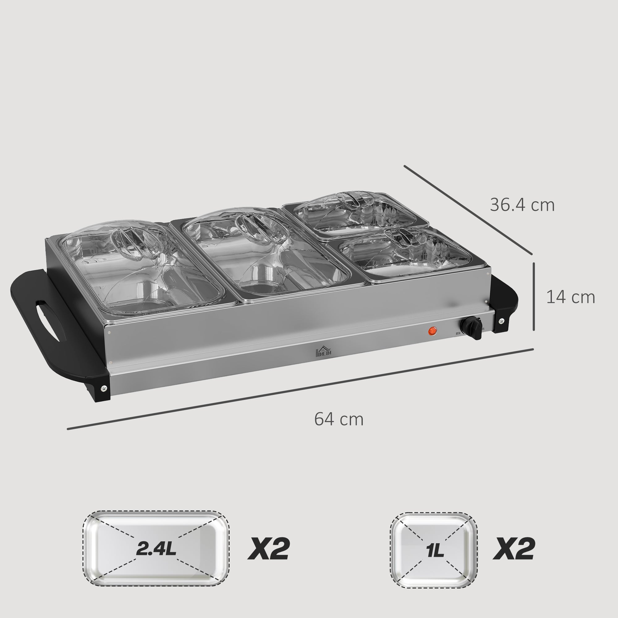 4 Tray Electric Food Warmer Buffet Server with Warming Plate, Cool Touch Handles, Adjustable Temperature, 300W, 2 x 2.4L and 2 x 1L Pans
