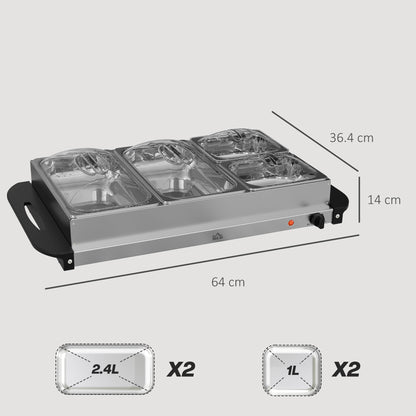 4 Tray Electric Food Warmer Buffet Server with Warming Plate, Cool Touch Handles, Adjustable Temperature, 300W, 2 x 2.4L and 2 x 1L Pans