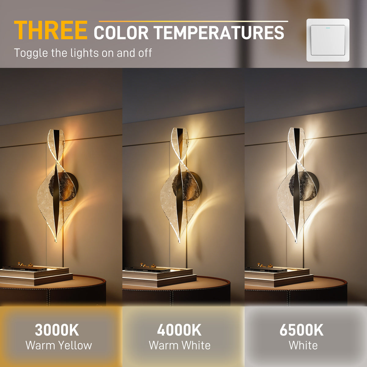 Led Wall Lamp 2 Pack, 13W Modern Indoor Spiral Wall Light, Colour Temperature Adjustable 3000K/4000K/6500K, for Bedroom, Living Room, Hallway, Stairs, Black