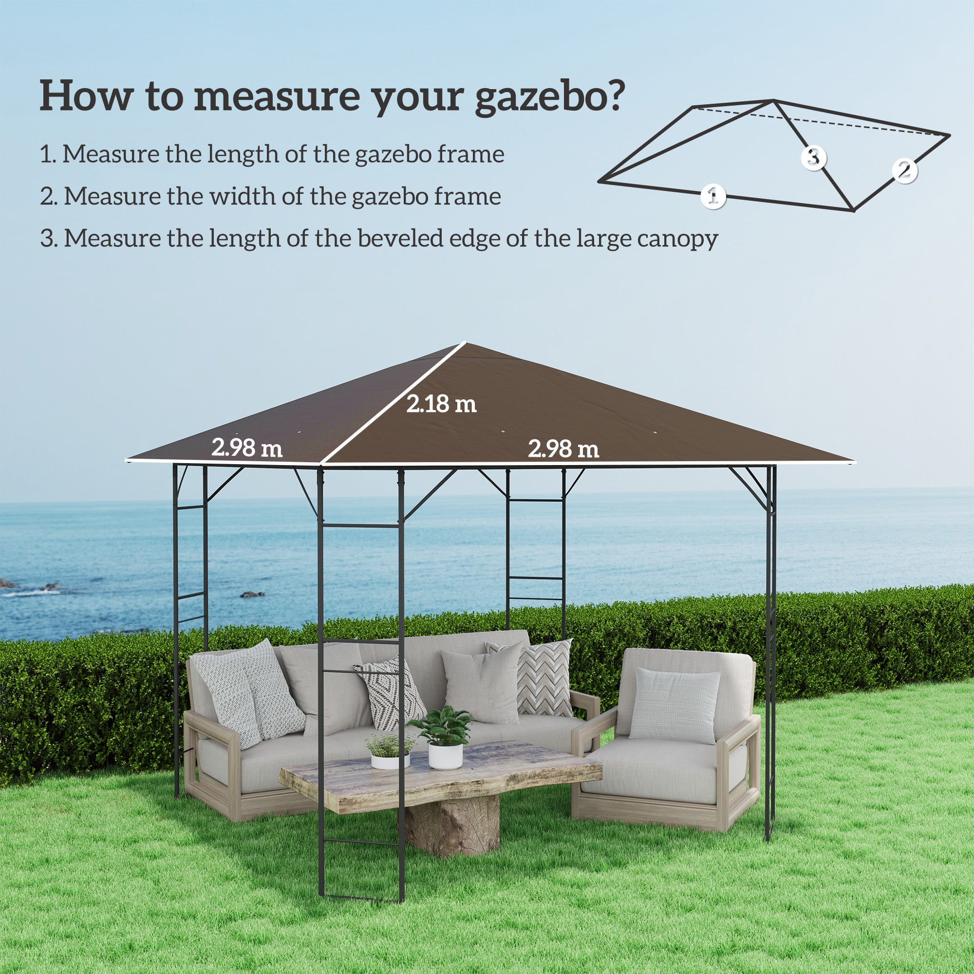 Outsunny 3 x 3(m) Gazebo Canopy Replacement Cover, Garden Gazebo Roof Replacement with Drain Holes, Water-resistant Plastic Coating, 370g/?, UPF30+, TOP COVER ONLY, Brown