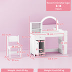 AIYAPLAY Kids Vanity Table and Chair Set, Girls Dressing Table with 2-Colour LED Mirror, Stool, Cabinet, Drawer, Shelves, White