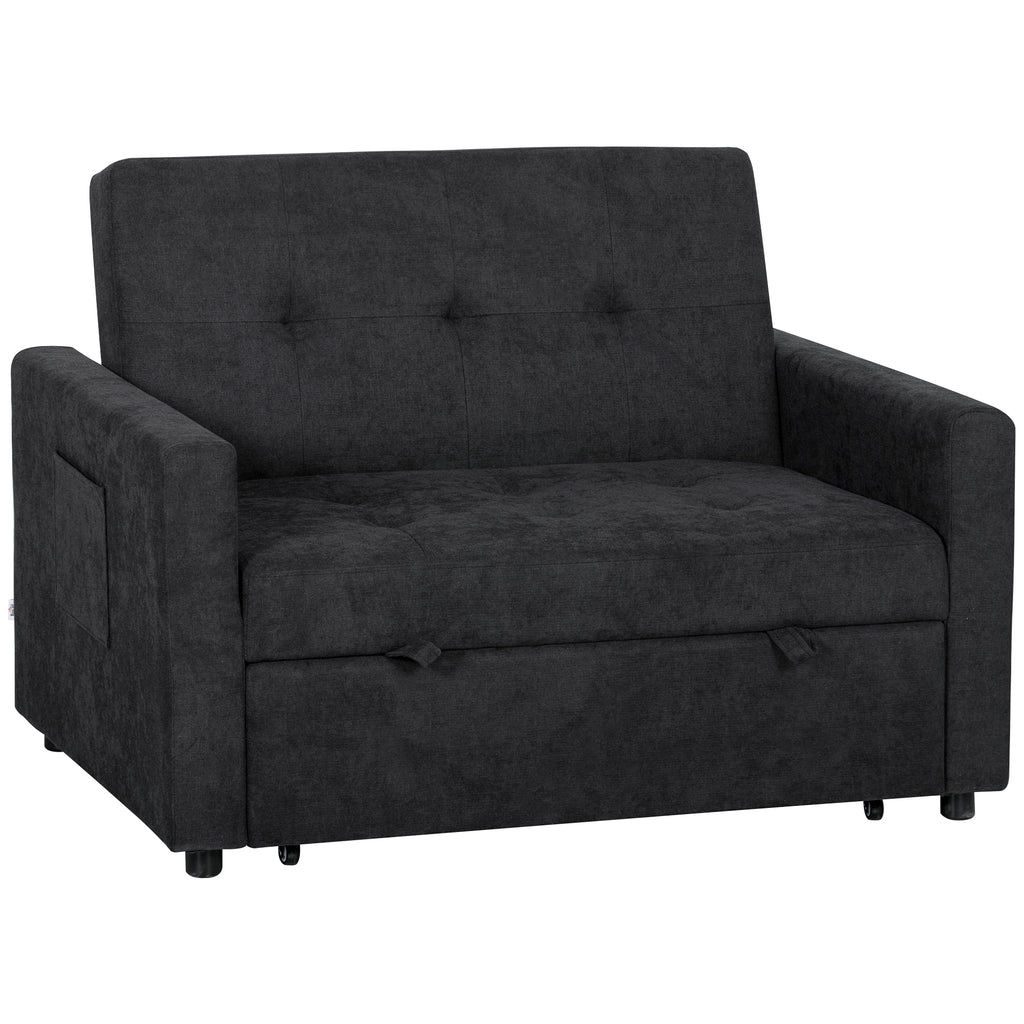 HOMCOM Loveseat Sofa Bed, Convertible Bed Settee with 2 Pillows, Side Pockets, Black