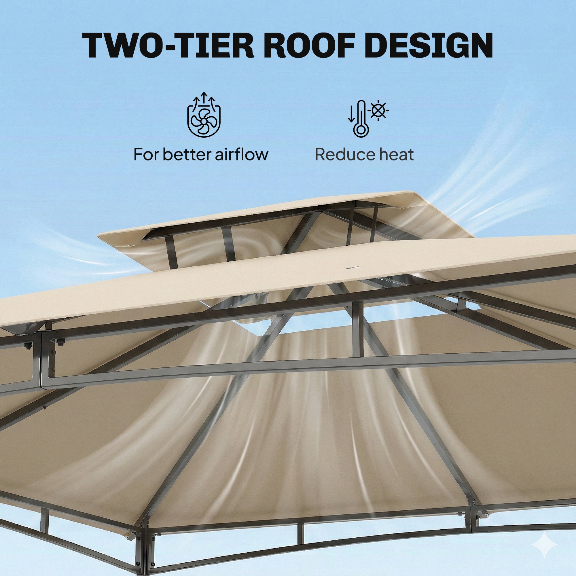 Outsunny 3 x 3 m Gazebo, Garden Gazebo with 2-Tier Roof, Metal Frame, Khaki