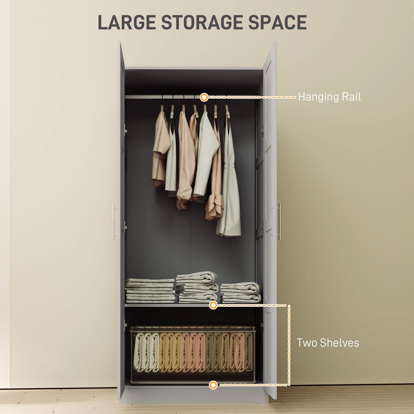 Double Paneled Door Wardrobe, with Shelves - Grey