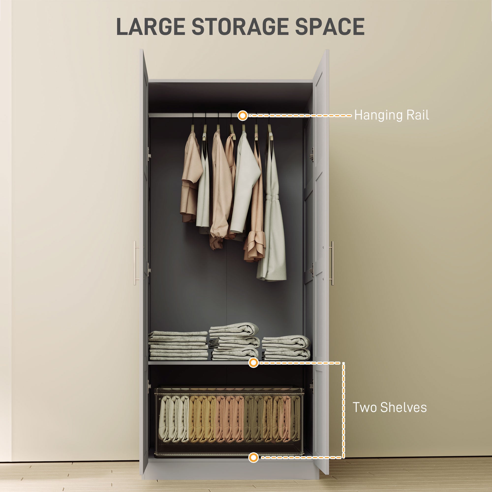 Double Paneled Door Wardrobe, with Shelves - Grey