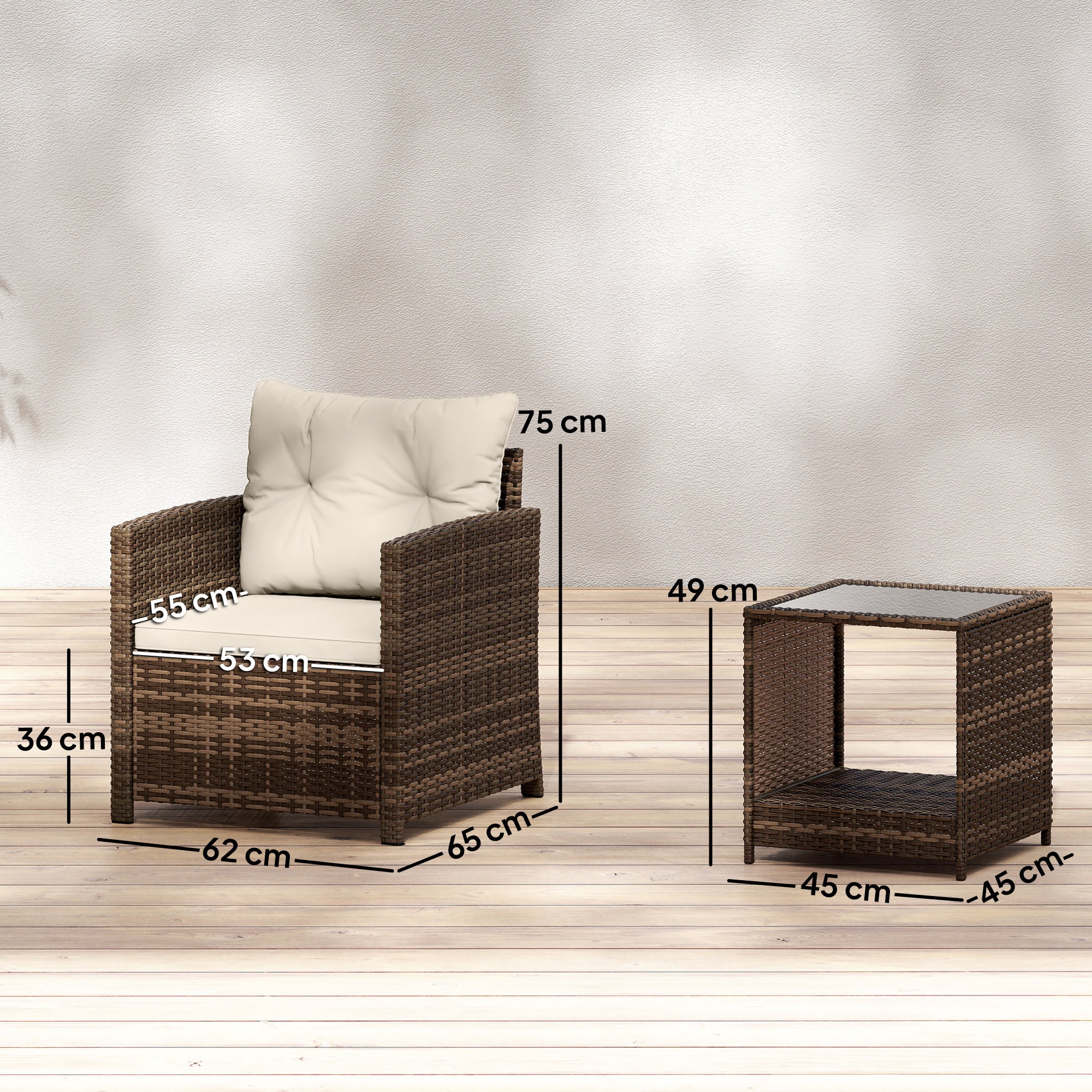 Outsunny Rattan Bistro Set, 3 Piece Garden Furniture Set with 2 Tier Glass Top Table and Cushions, Mixed Brown
