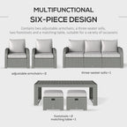 Outsunny Six-piece Outdoor Rattan Dining Set, Outdoor Sofa Set with Reclining Armchairs and Mental Frame, Grey