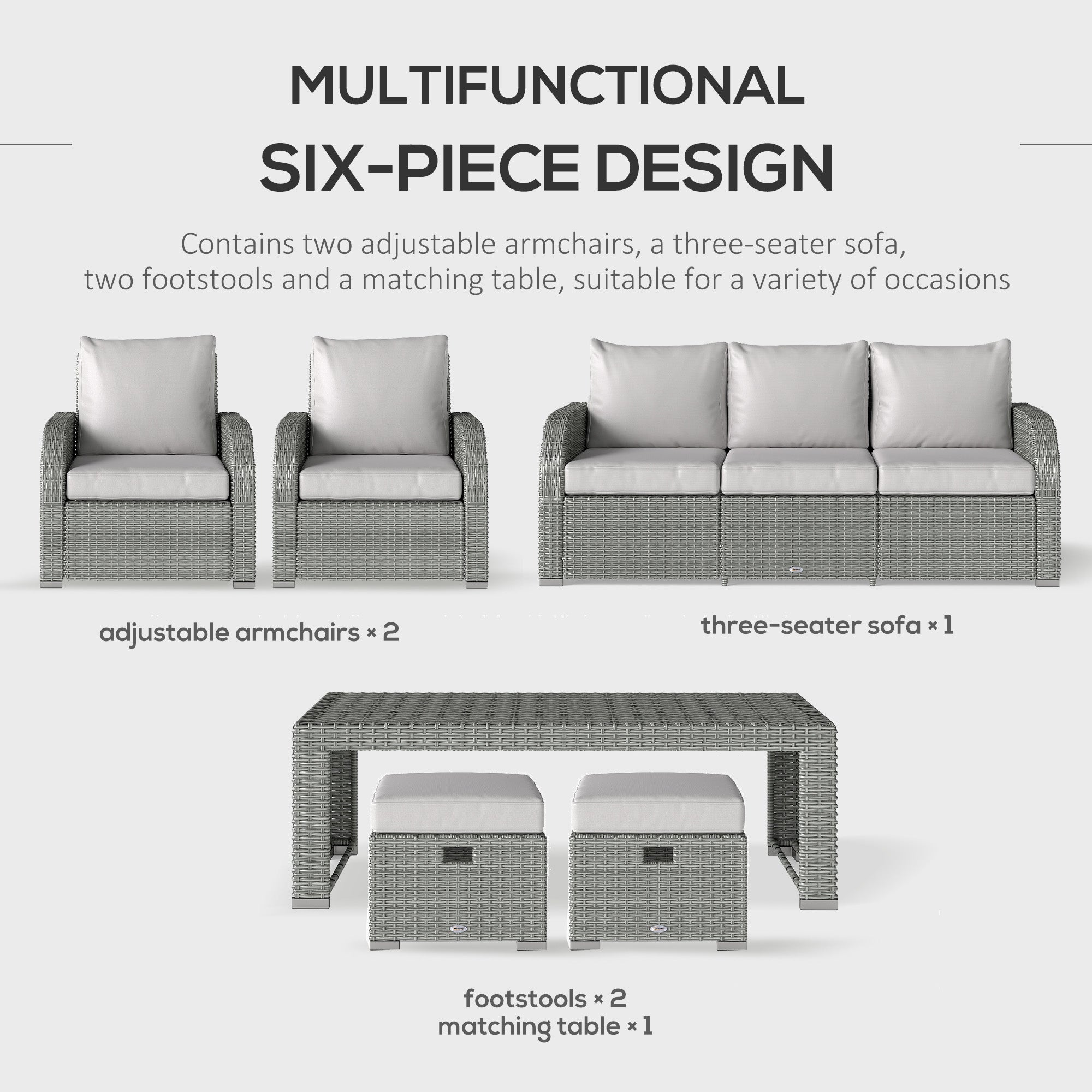 Outsunny Six-piece Outdoor Rattan Dining Set, Outdoor Sofa Set with Reclining Armchairs and Mental Frame, Grey