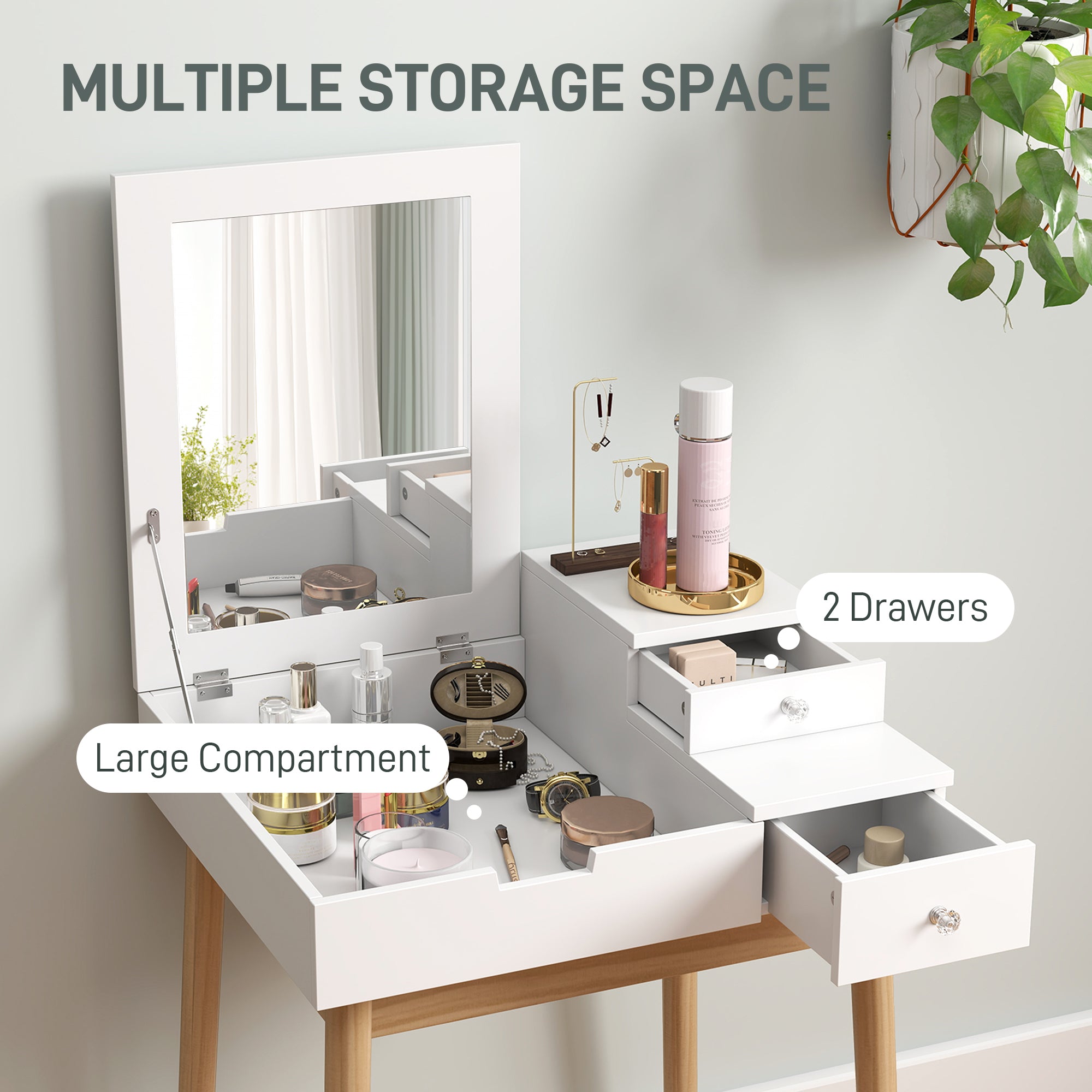 HOMCOM Dressing Table with Flip-up Mirror, Makeup Desk with 2 Drawers and Pine Wood Legs, Vanity Table Writing Desk for Bedroom Living Room, White