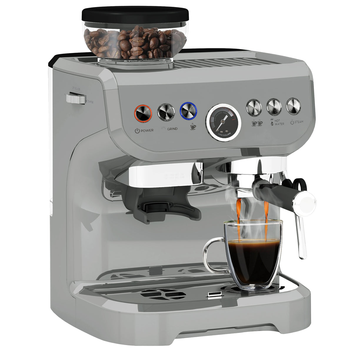 15 Bar Coffee Machine with 15 Adjustable Grind Setting, Steamer and Complete Kit - Silver Colour