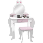 Bunny-Design Kids Dressing Table, with Mirror and Stool - White and Pink