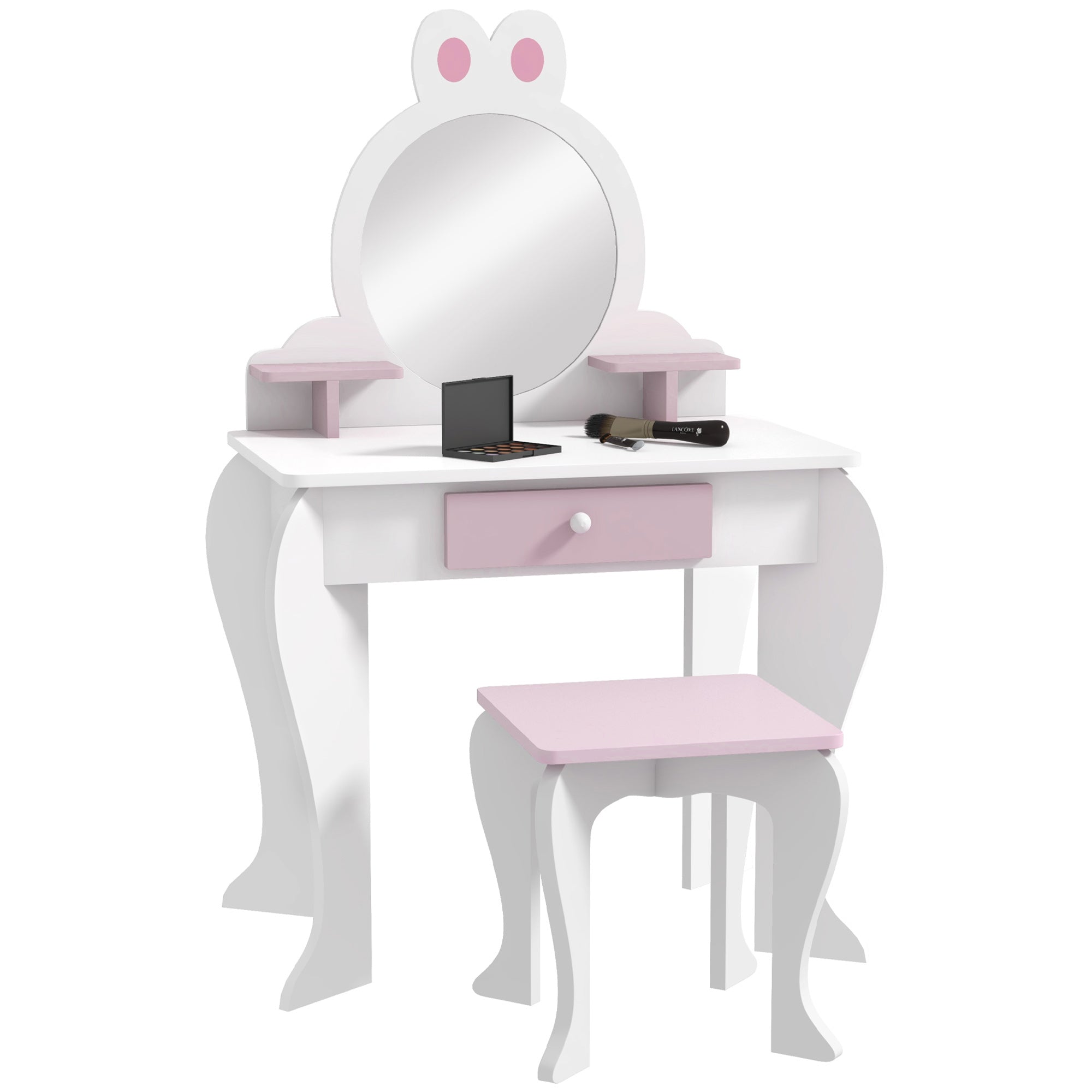 Bunny-Design Kids Dressing Table, with Mirror and Stool - White and Pink
