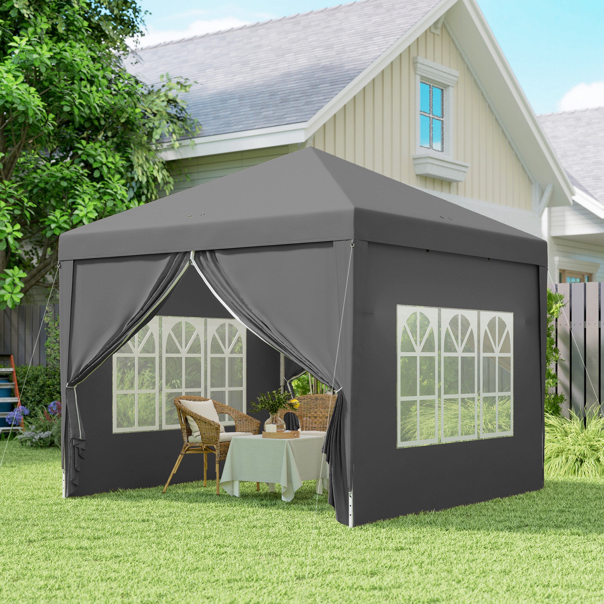 Outsunny 3 x 3 m Garden Pop Up Gazebo, Wedding Party Tent Marquee, Water Resistant Awning Canopy with Sidewalls, Windows, Carry Bag, Grey