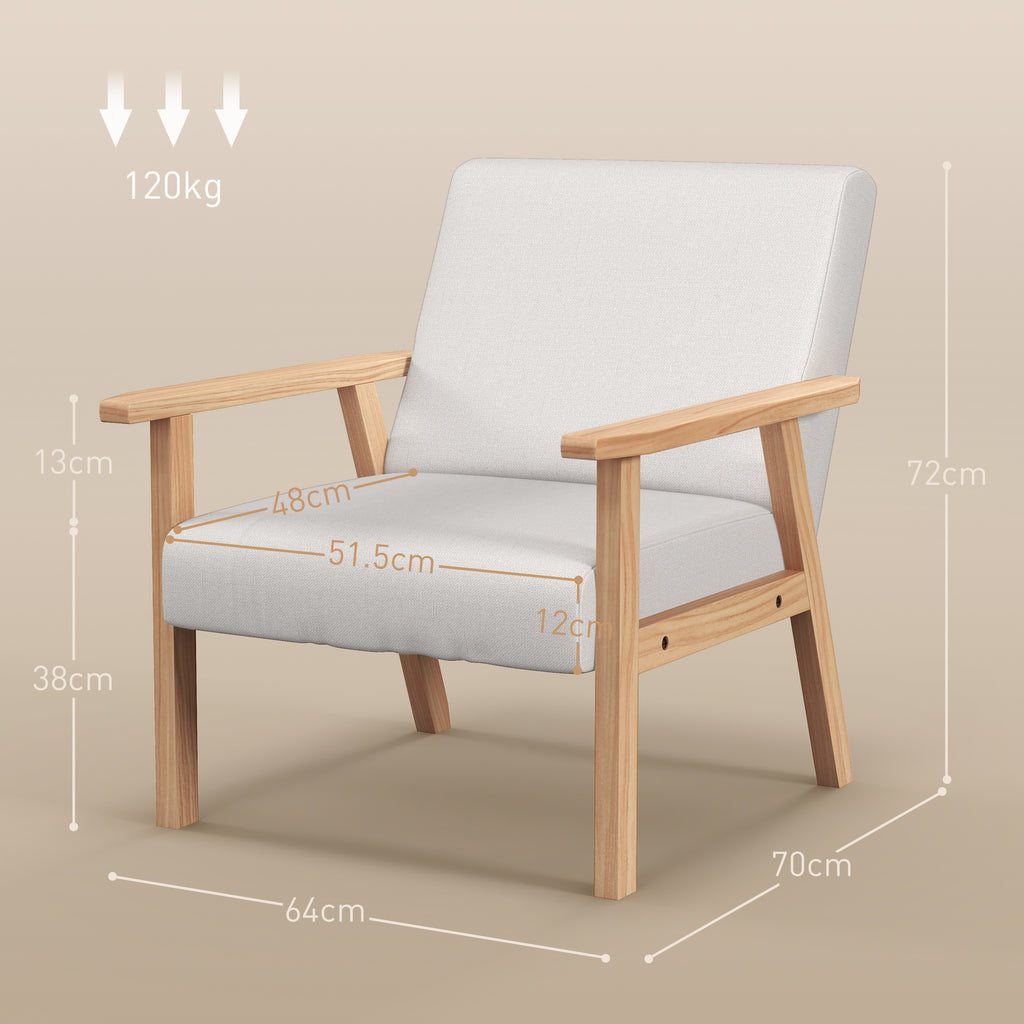 HOMCOM Modern Armchair, Linen Upholstered Accent Chair with Solid Wood Legs and Wide Seat, Padding Lounge Chair for Living Room Bedroom Office, Cream White