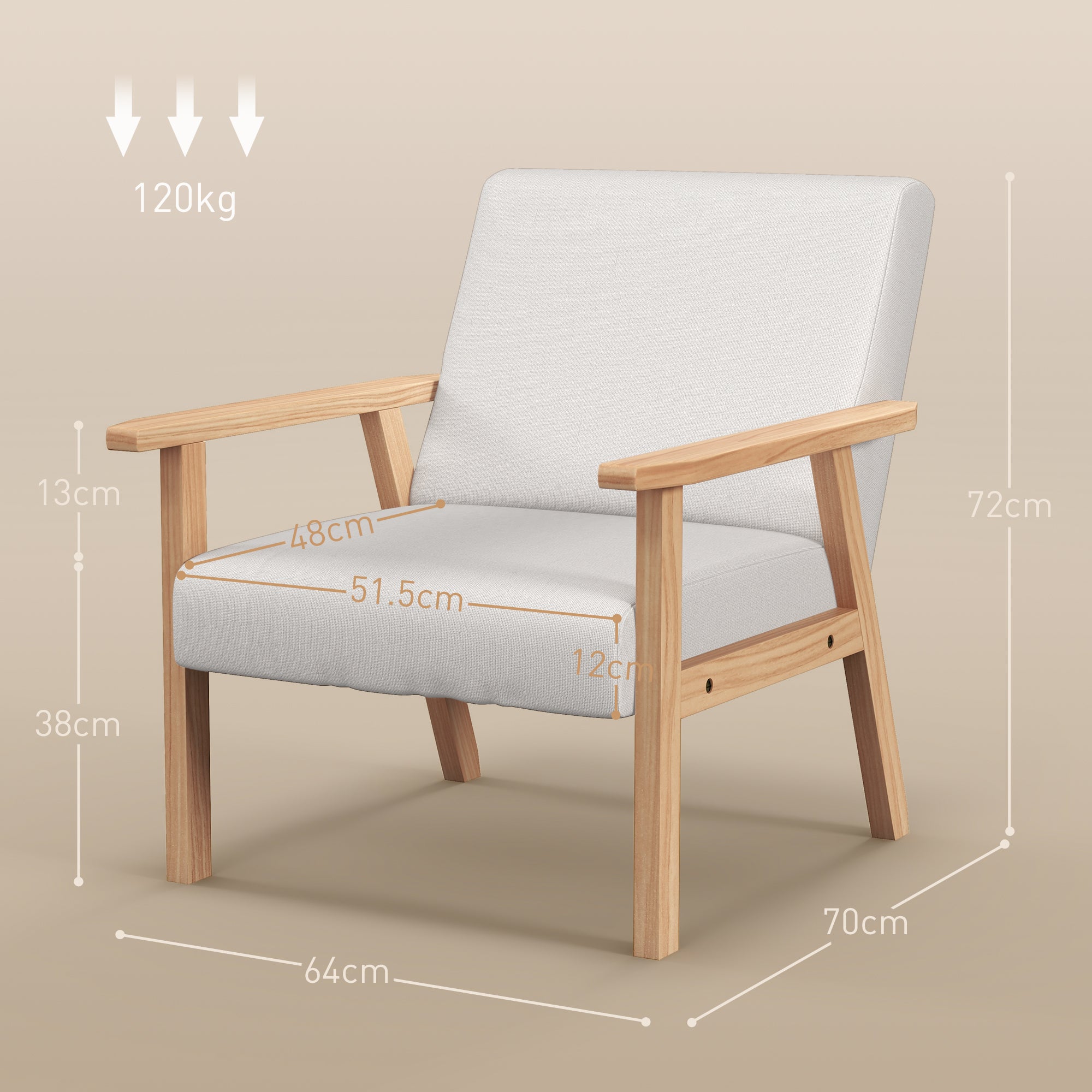 HOMCOM Modern Armchair, Linen Upholstered Accent Chair with Solid Wood Legs and Wide Seat, Padding Lounge Chair for Living Room Bedroom Office, Cream White