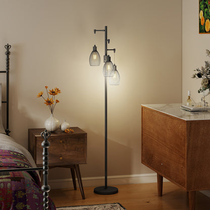 3-Light LED Floor Lamp, 170cm Industrial Dimmable Standing Lamp with Steel Wire Cage Lampshades, 2700K for Living Room, Bedroom, Dining Room, Study, Black