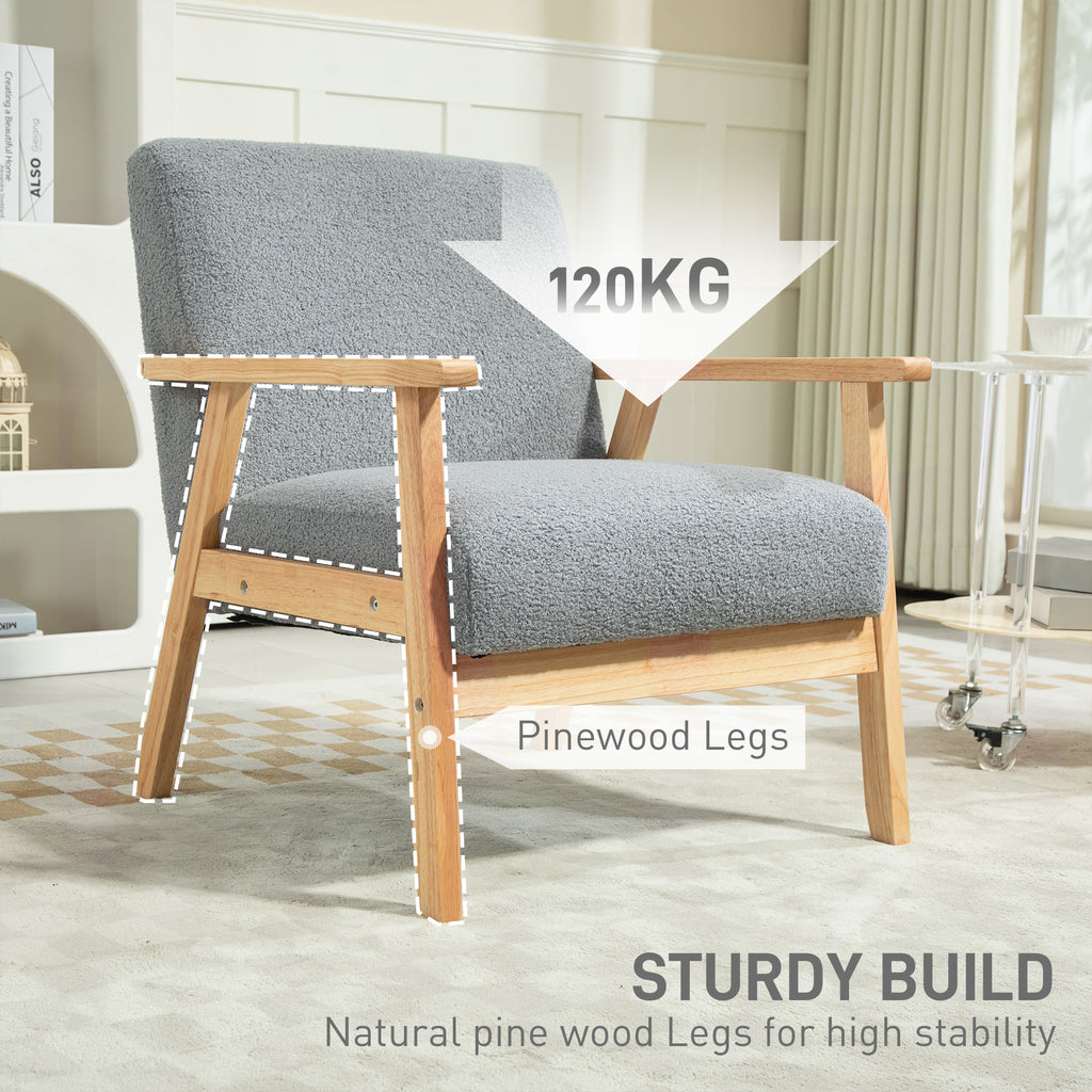 HOMCOM Modern Armchair, Sherpa Fleece Upholstered Accent Chair with Solid Wood Legs and Wide Seat, Padding Lounge Chair for Living Room Bedroom Office, Grey