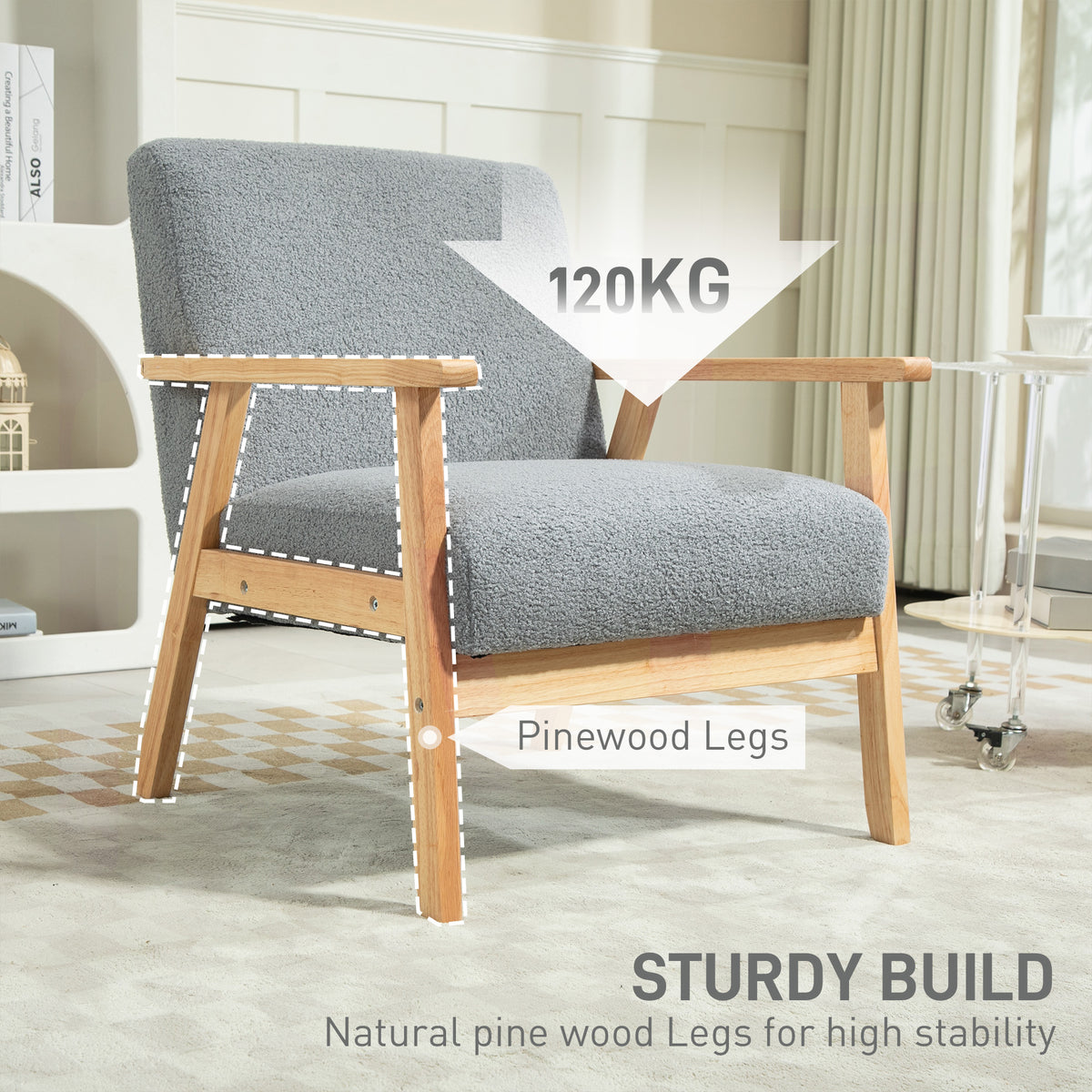 Modern Armchair, Sherpa Fleece Upholstered Accent Chair with Solid Wood Legs and Wide Seat, Padding Lounge Chair for Living Room Bedroom Office, Grey