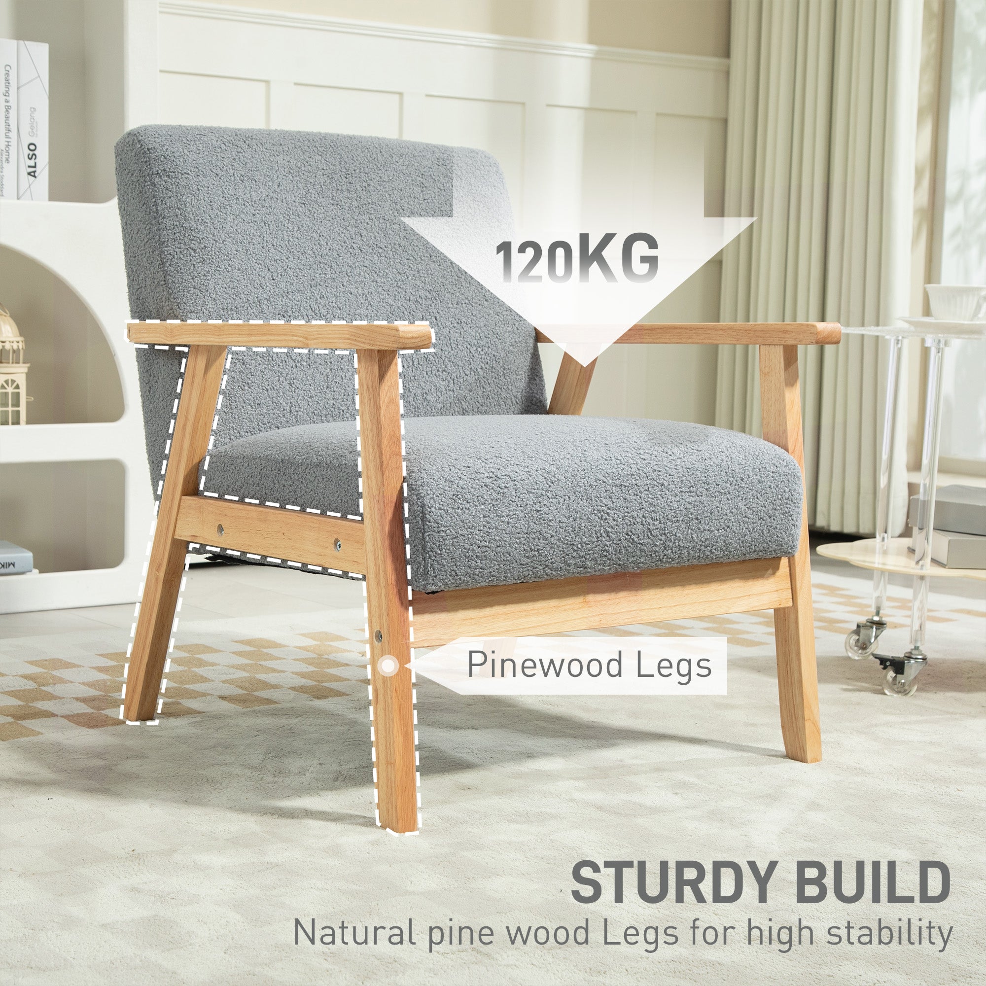 HOMCOM Modern Armchair, Sherpa Fleece Upholstered Accent Chair with Solid Wood Legs and Wide Seat, Padding Lounge Chair for Living Room Bedroom Office, Grey
