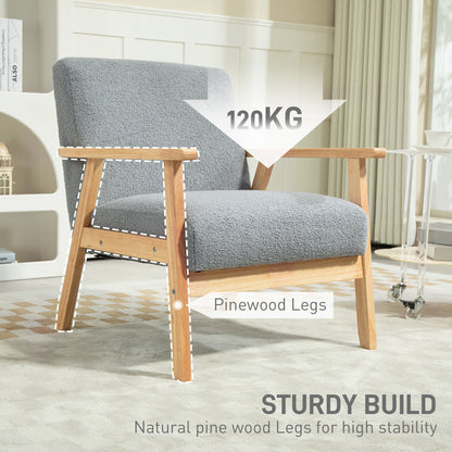 Modern Armchair, Sherpa Fleece Upholstered Accent Chair with Solid Wood Legs and Wide Seat, Padding Lounge Chair for Living Room Bedroom Office, Grey