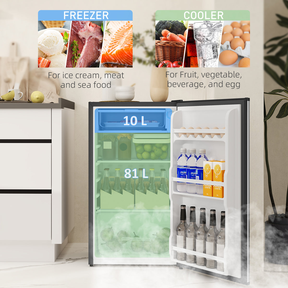 Under Counter Fridge, 91L Small Fridge with Chiller Box, Removable Shelf, Reversible Door, Adjustable Legs, Mini Refrigerator,  Silver Tone