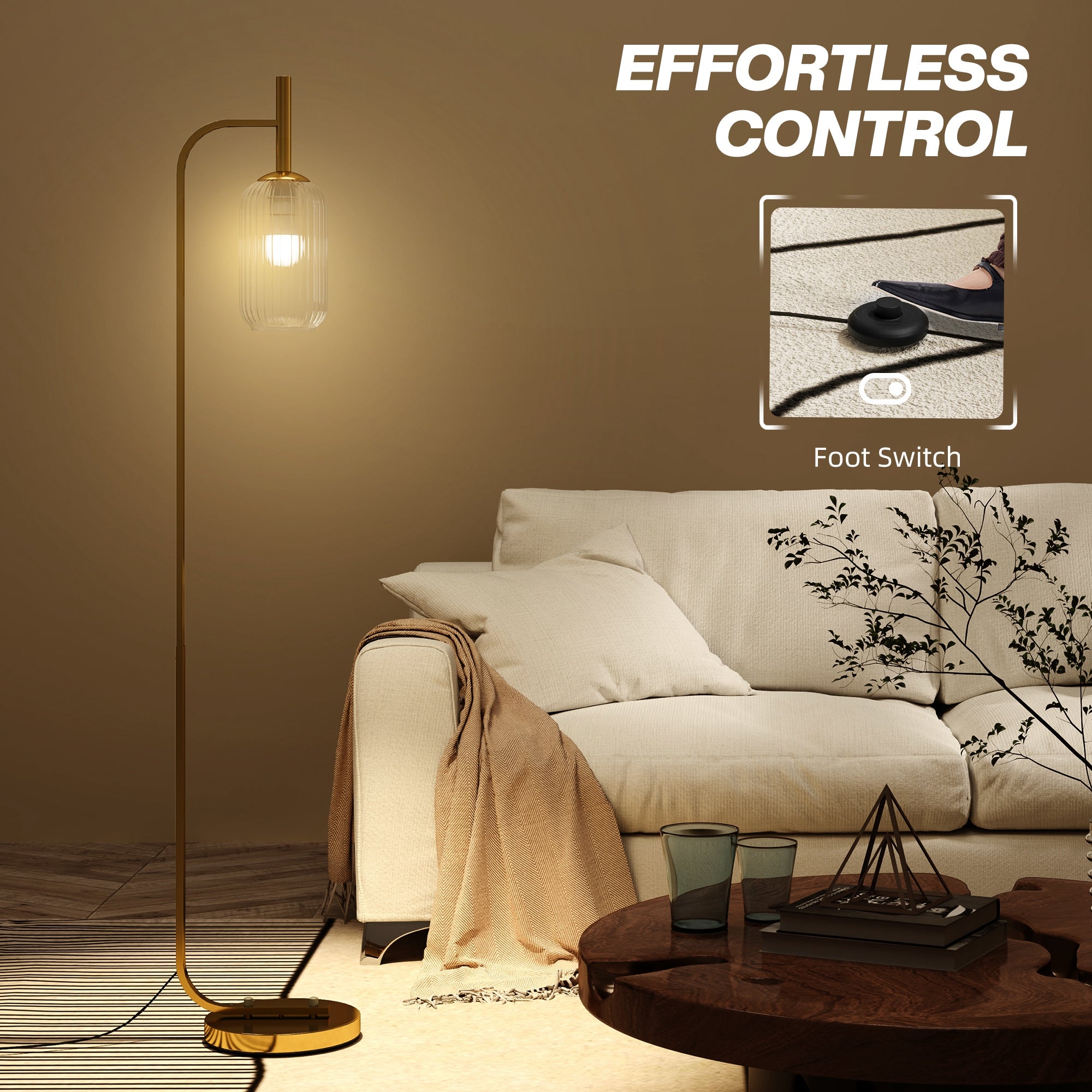 Floor Lamp for Living Room with Glass Lampshade, Modern Standing Lamp with Foot Switch for Bedroom, Bulb not Included, Gold Tone