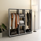 Open Wardrobe Double Mobile Storage Shelves Organizer W/6 Wheels-Grey