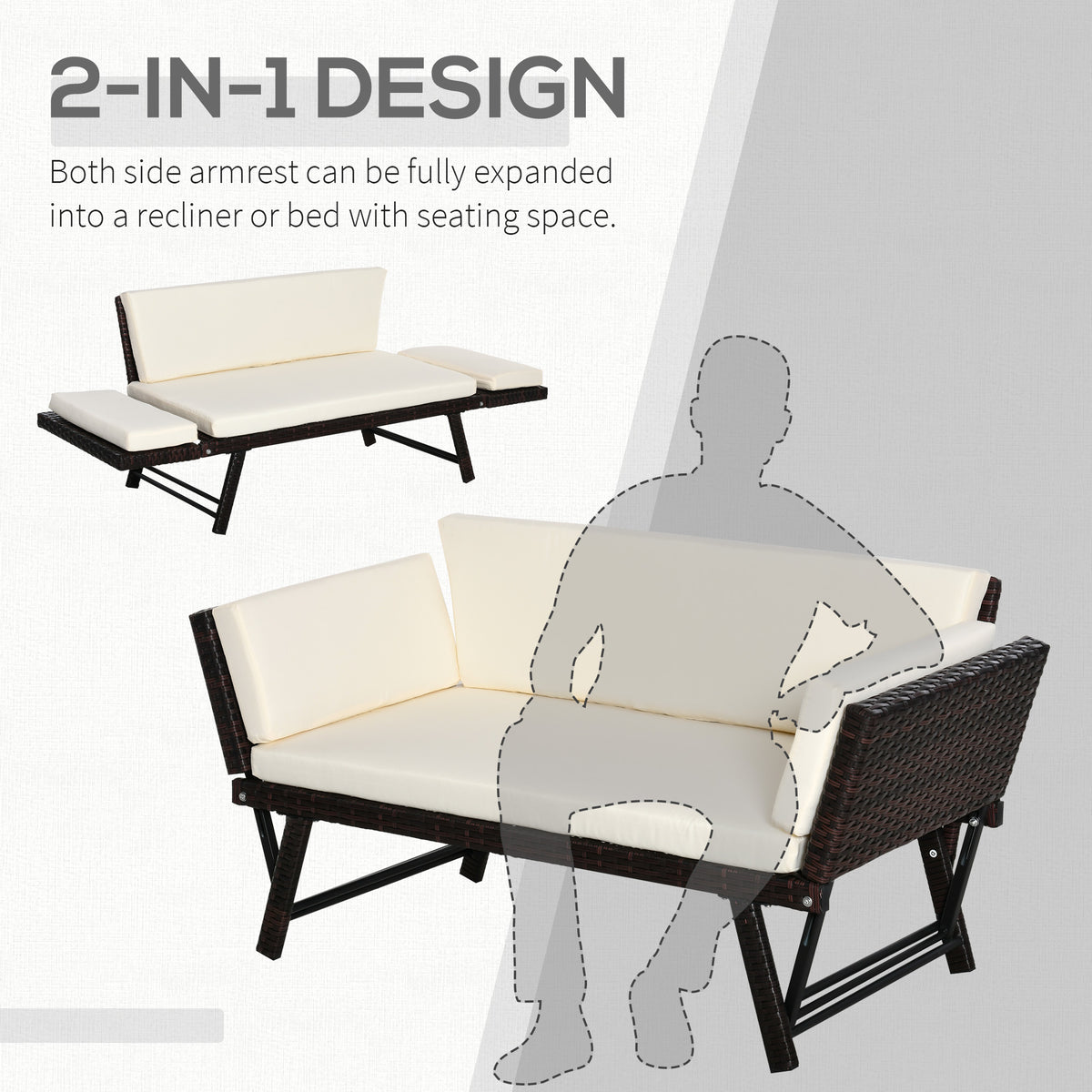 Outsunny 2-Seater 2-in-1 Rattan Convertible Sofa Daybed, Brown