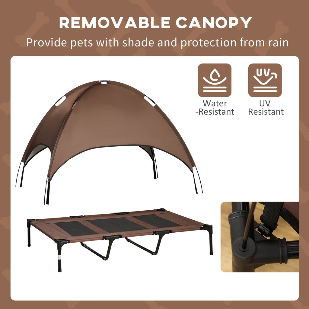 PawHut Outdoor Dog Bed with Removable Canopy, Portable Raised Dog Bed for Camping, Garden & Beach, Water-Resistant UV-Protection Mesh Pet Cot Sun Lounger, for XL Pets, 122 x 92 x 108 cm, Brown