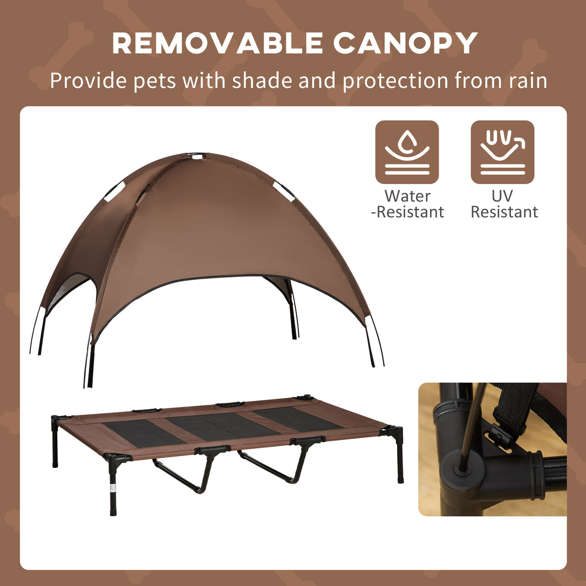 PawHut Outdoor Dog Bed with Removable Canopy, Portable Raised Dog Bed for Camping, Garden & Beach, Water-Resistant UV-Protection Mesh Pet Cot Sun Lounger, for XL Pets, 122 x 92 x 108 cm, Brown