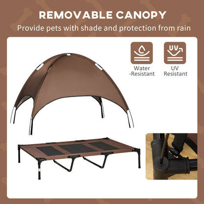 PawHut Outdoor Dog Bed with Removable Canopy, Portable Raised Dog Bed for Camping, Garden & Beach, Water-Resistant UV-Protection Mesh Pet Cot Sun Lounger, for XL Pets, 122 x 92 x 108 cm, Brown