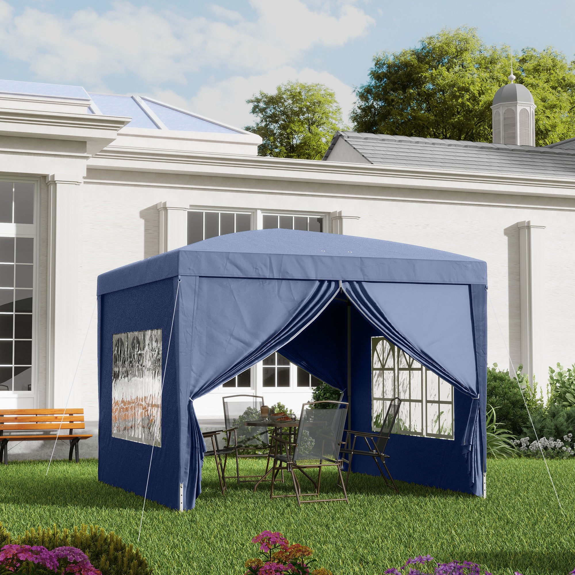 Outsunny 3 x 3 m Garden Pop Up Gazebo, Wedding Party Tent Marquee, Water Resistant Awning Canopy with Sidewalls, Windows, Carry Bag, Blue