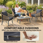 Outsunny 4 Piece Rattan Garden Furniture Set with Loveseat, Armchairs, Wood Table, Wicker Patio Conversation Set, Grey