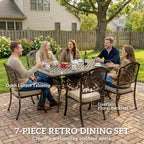 Outsunny Garden Dining Set for 6, Cast Aluminium Outdoor Table and Chairs Set with Cushions, Parasol Hole for Patio, Bronze Tone