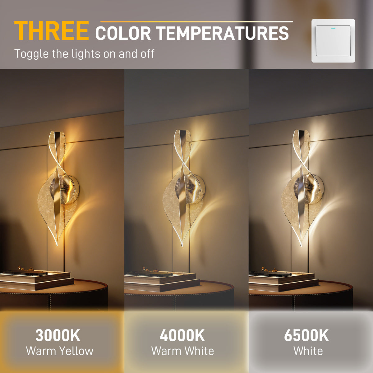 Led Wall Lamp 2 Pack, 13W Modern Indoor Spiral Wall Light, Colour Temperature Adjustable 3000K/4000K/6500K, for Bedroom, Living Room, Hallway, Stairs, Silver Tone