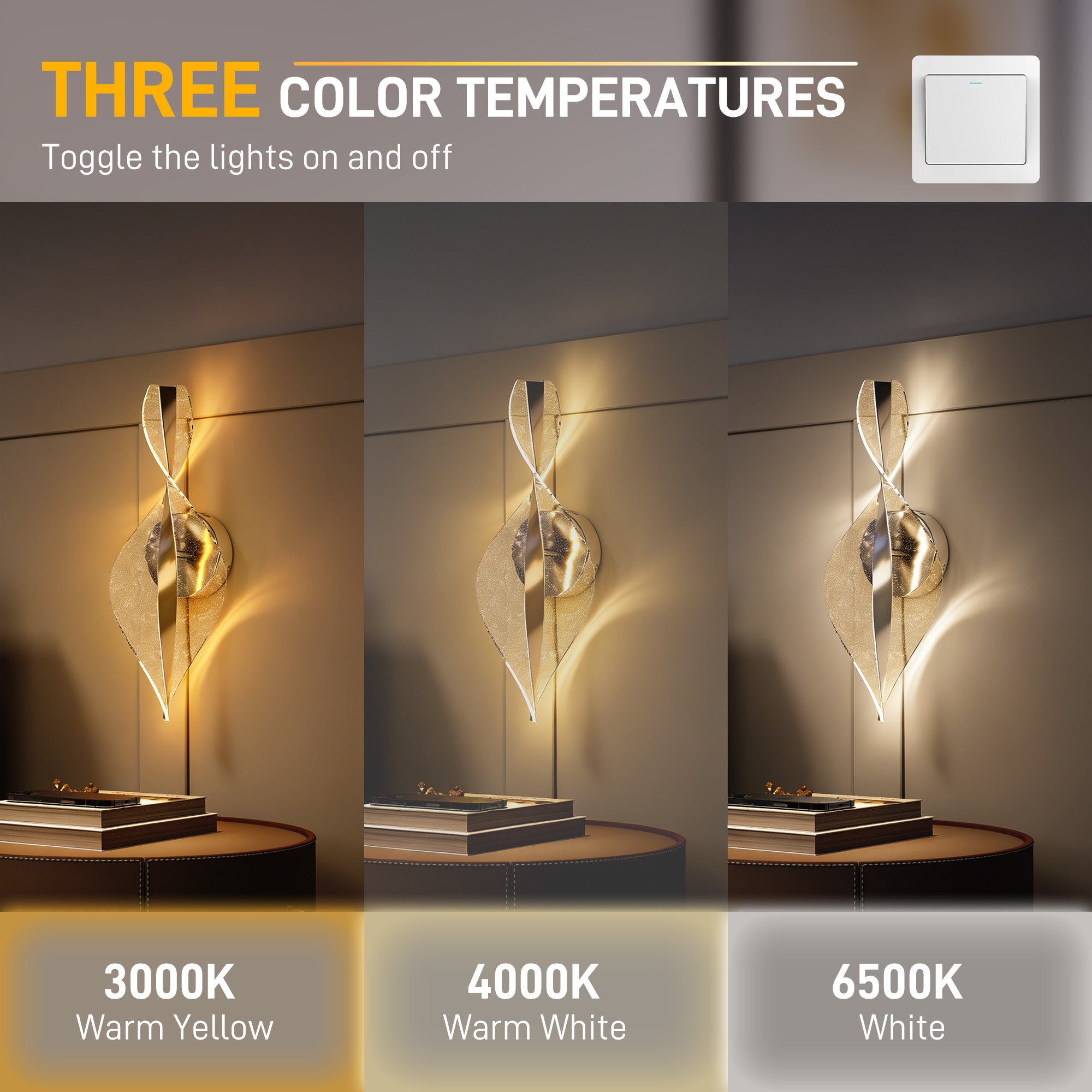 Led Wall Lamp 2 Pack, 13W Modern Indoor Spiral Wall Light, Colour Temperature Adjustable 3000K/4000K/6500K, for Bedroom, Living Room, Hallway, Stairs, Silver Tone