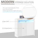 HOMCOM 2-Door Sideboard with LED Light, High Gloss Lighted Storage Cabinet with Shelves and Open Compartment, Modern Kitchen Sideboard for Dining Room, Living Room, 107 x 35 x 97cm, White