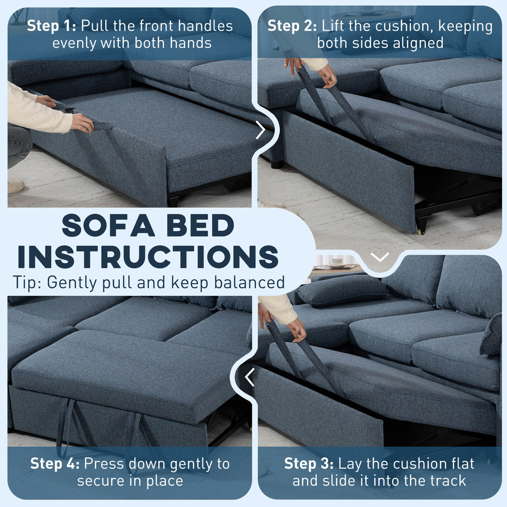 HOMCOM Corner Sofa Bed, L Shaped Sleeper Sectional Sofa with Reversible Storage Chaise, Blue