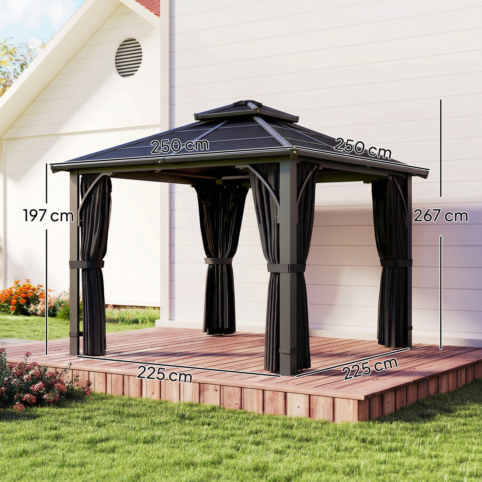 Outsunny 2.5 x 2.5 m Hardtop Gazebo Canopy with 7mm PC Roof, Garden Gazebo Permanent Pavilion with Netting, Curtains, Dark Grey